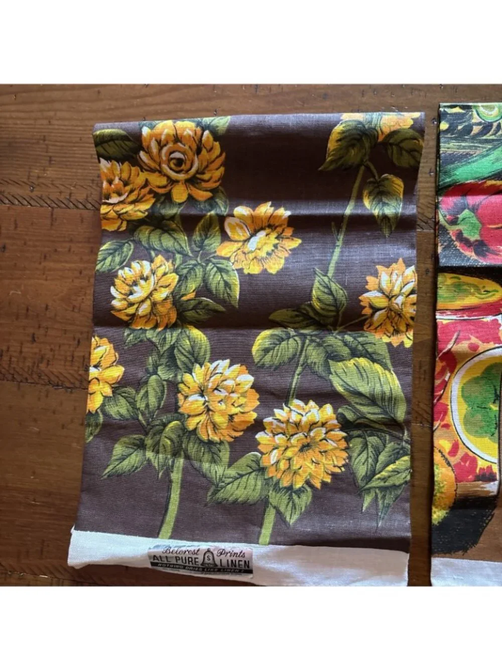Vintage Belcrest 100% Linen Tea Towels Brown & Yellow 1960’s Set Of Two